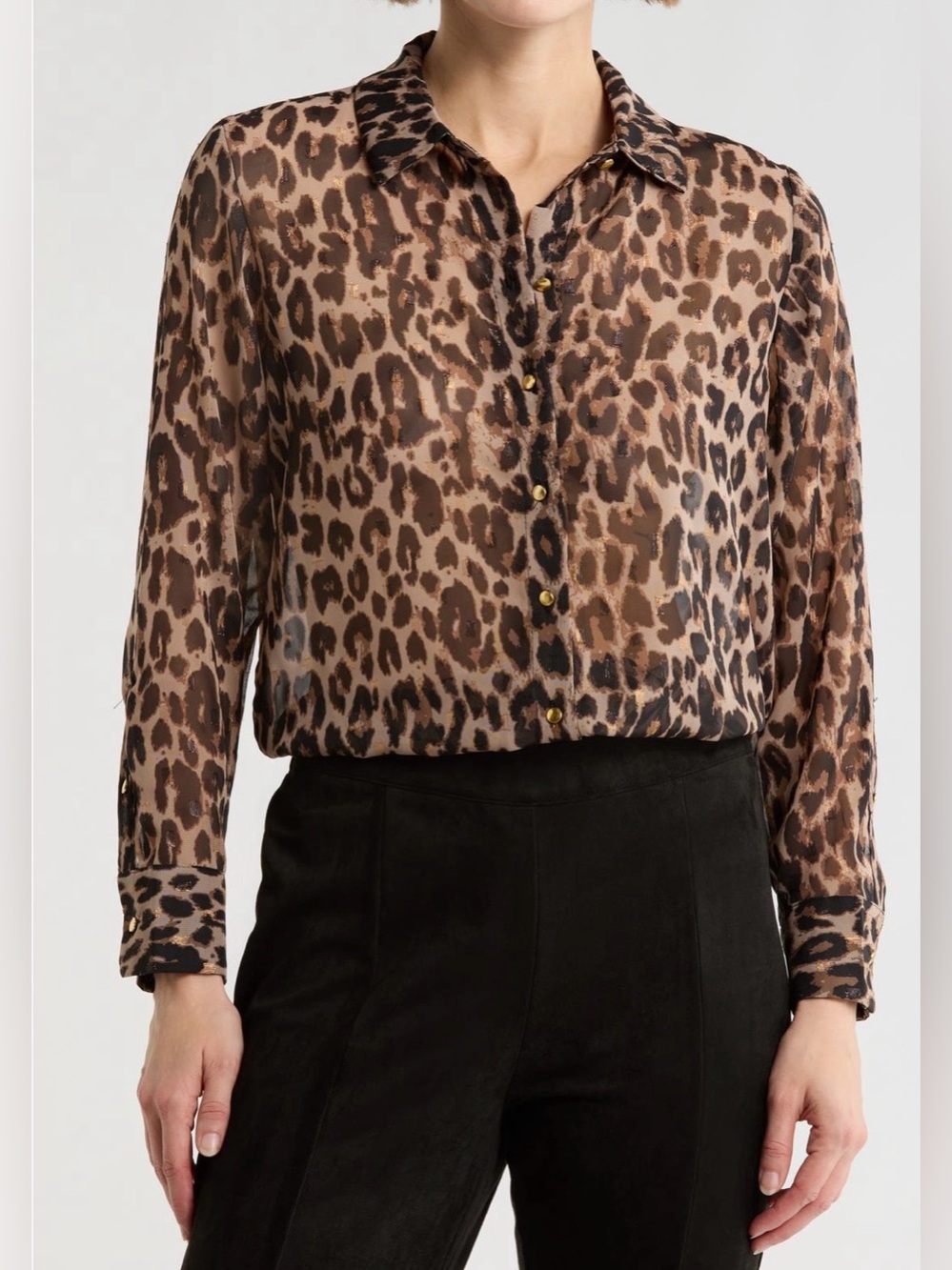 T Tahari Brown Leopard Print Button-Front Blouse